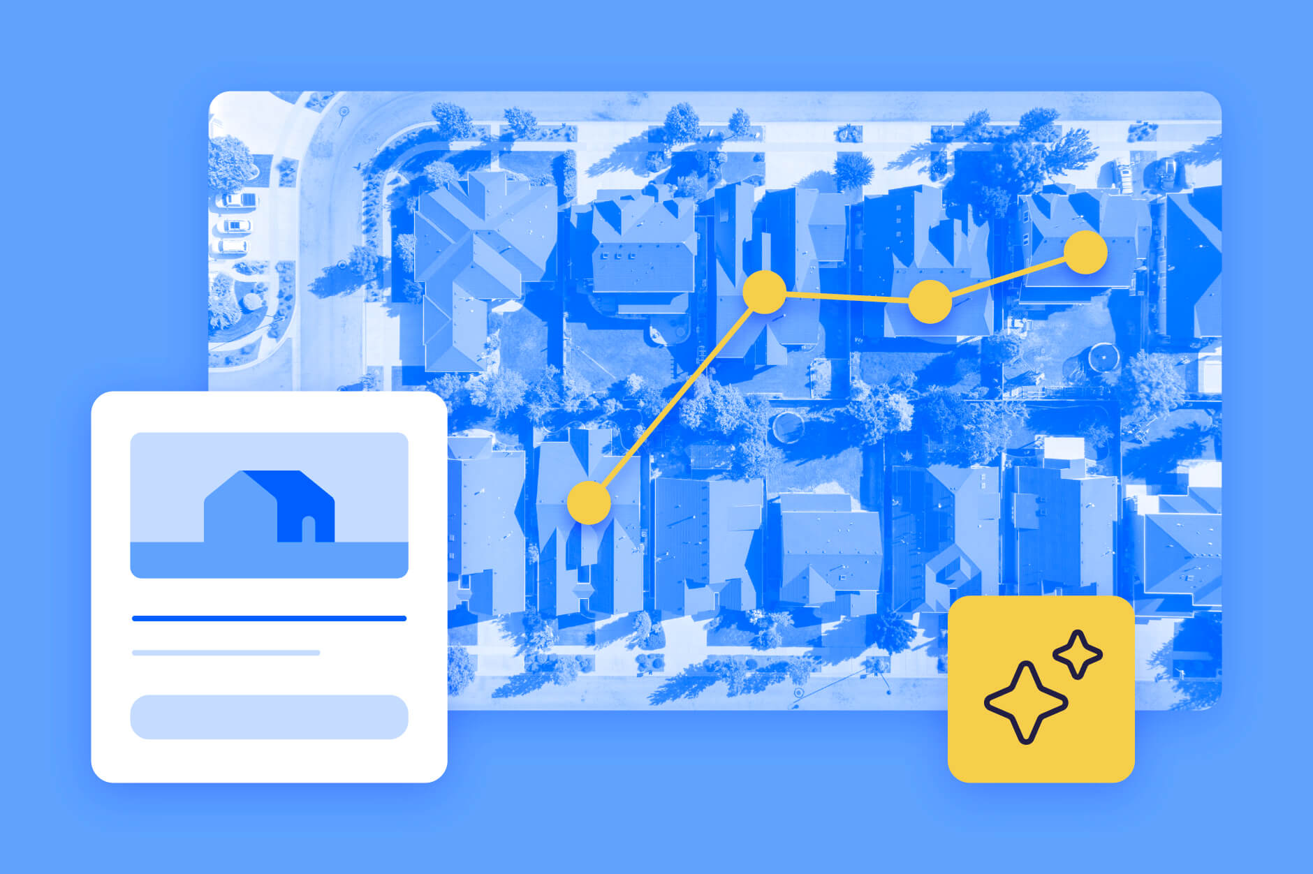 A neighborhood overview with an upward trending graph icon, start icon, and home report icon