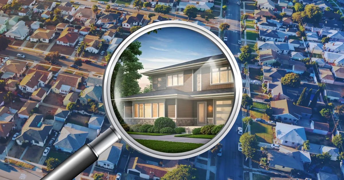 Image of a hand holding a magnifying glass over a neighborhood. Inside the magnifying glass is a zoomed in image of a home.