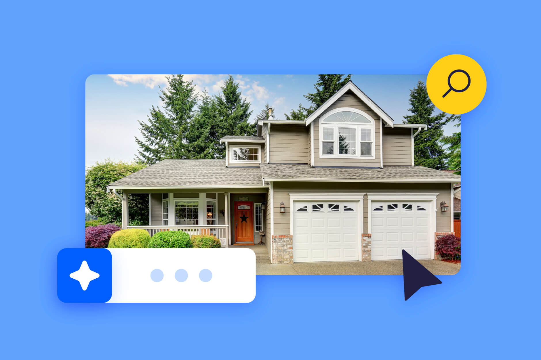 A home image with an arrow and AI search icons