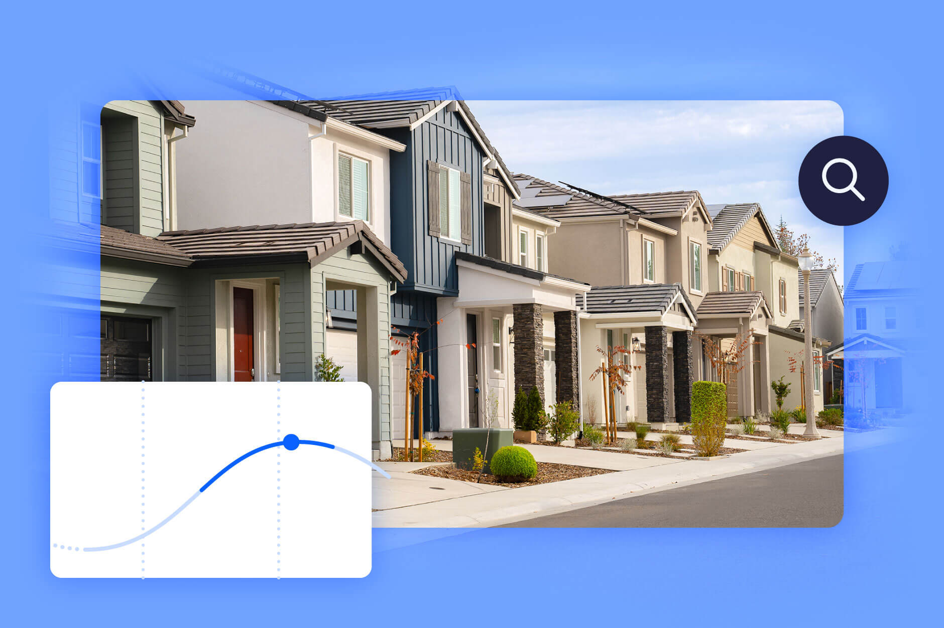An investment home with a graph and search icon